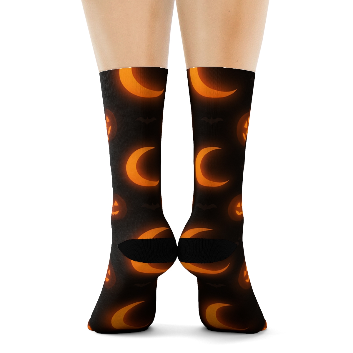 Crescent Moon Glow And Pumpkin Halo Repeat On Black Background custom crew socks