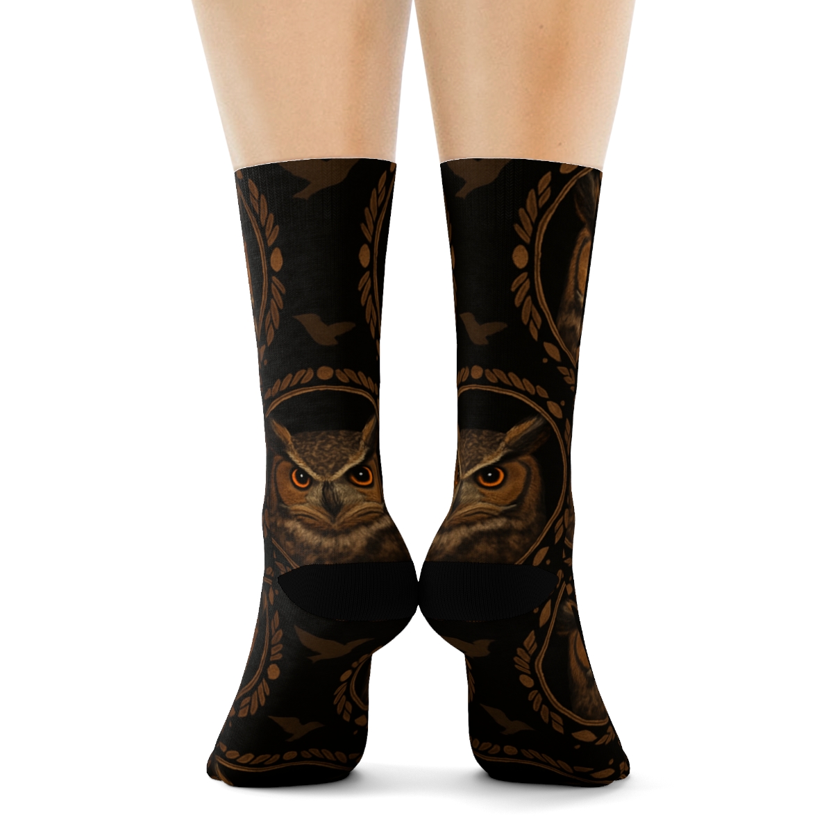 Great Horned Owl Portrait Medallions On Black Background designer printed crew socks