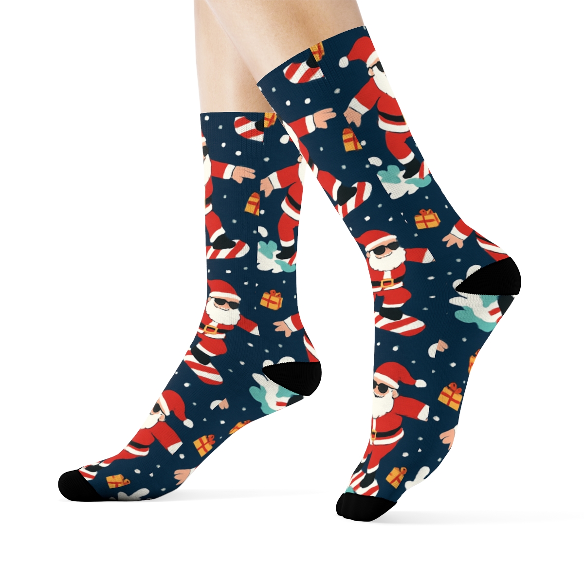 Santa Surfing Holiday Scatter On Navy custom crew socks