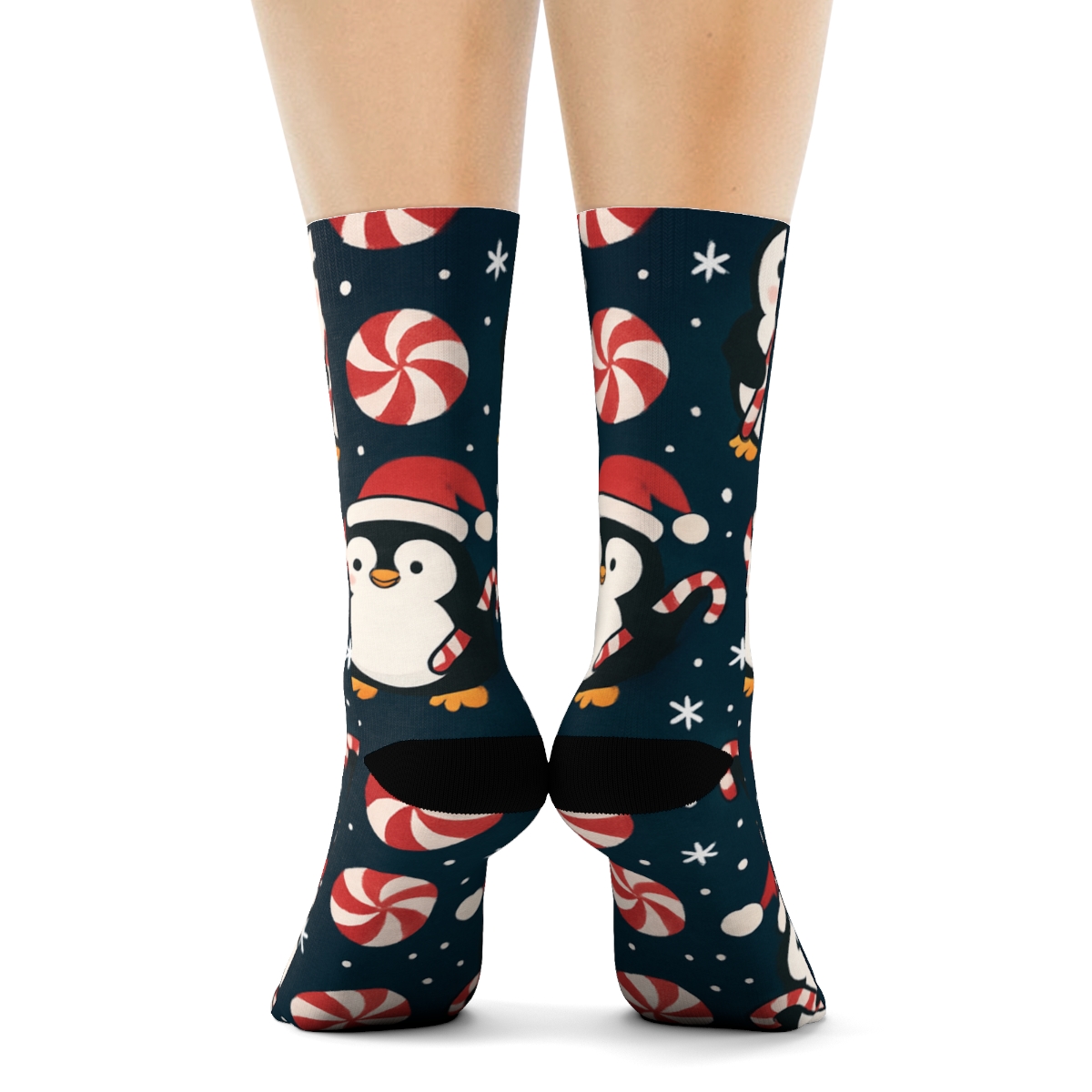 Peppermint Penguin Parade Stripe On Midnight Navy Background premium sports crew socks