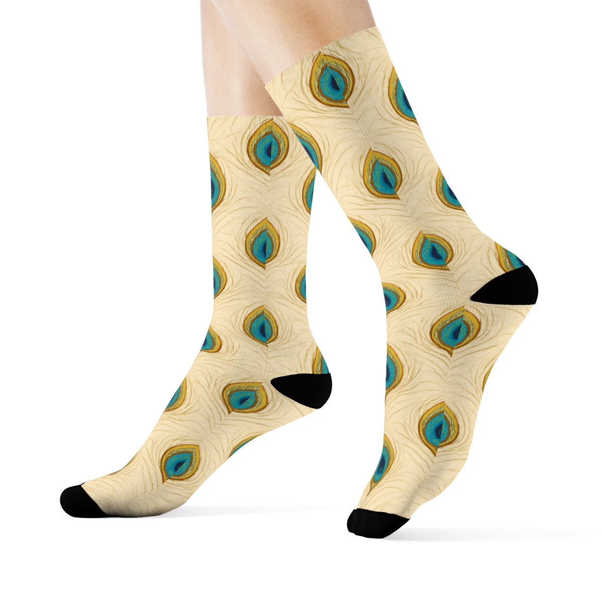 Peacock Tail Eye Chevron Bands On Ivory Background soft everyday crew socks