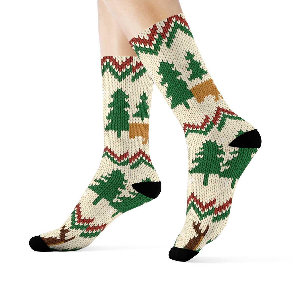 Reindeer Dog Sweater Knit Repeat On Cream Background soft everyday crew socks