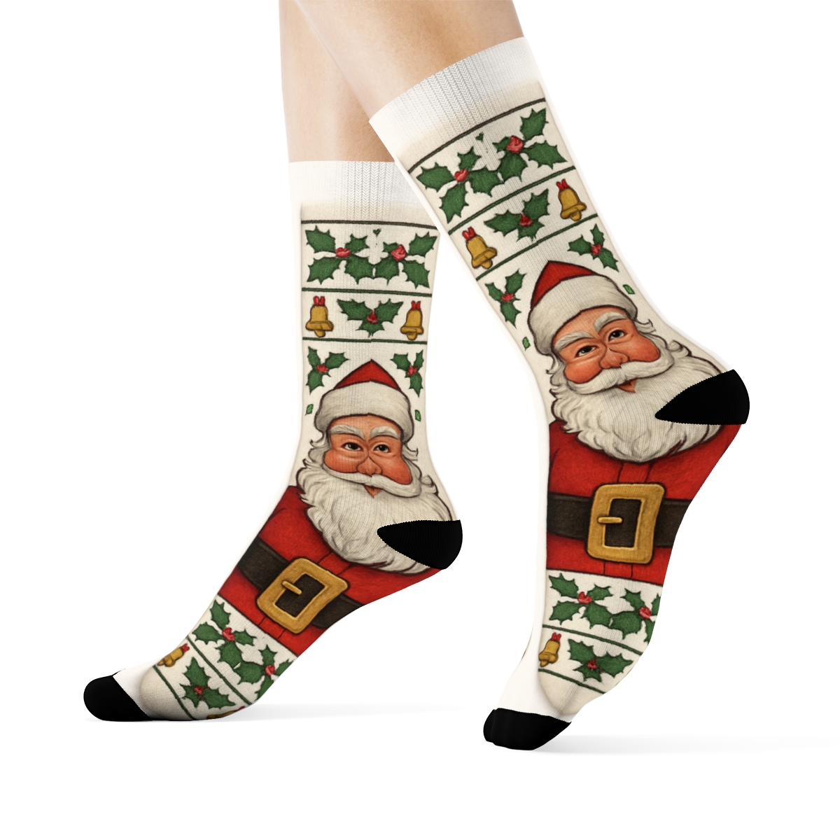 Santa Spotlight Mirrored Pair On White Background trendy patterned crew socks