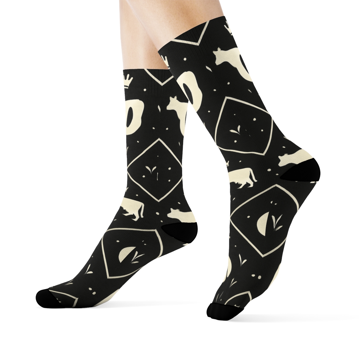 Midnight Hoofprint Lattice Cow stylish athletic crew socks