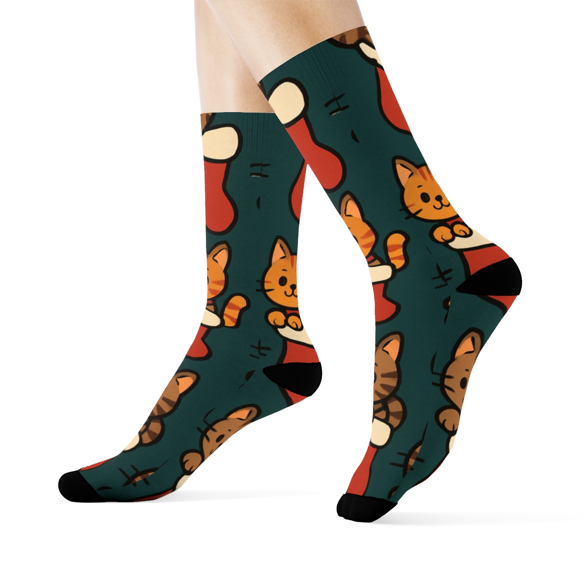 Festive Cat In Stocking Repeat comfortable cotton crew socks