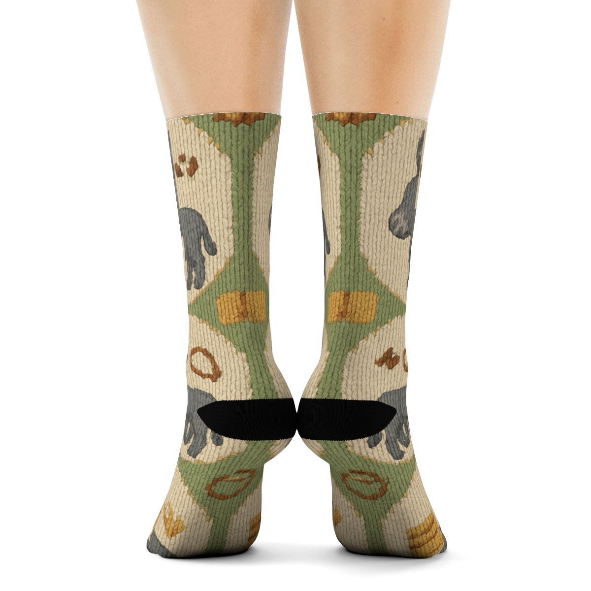 Quilted Pasture Tiles With Donkey Foals designer printed crew socks