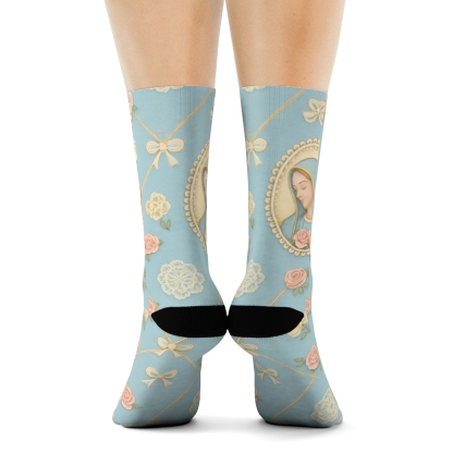 Mary Pastoral Cameo Lattice On Sky Blue designer printed crew socks
