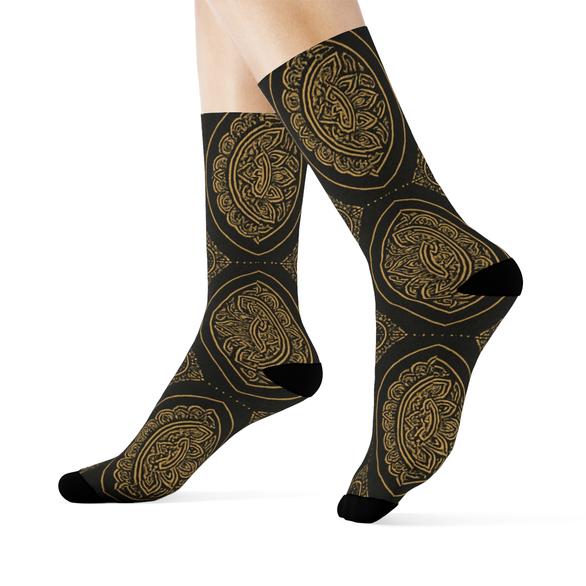 Gold Ink Duality Mandala Tiles On Black stylish athletic crew socksGold Ink Duality Mandala Tiles on Black Crew Socks - Image 3