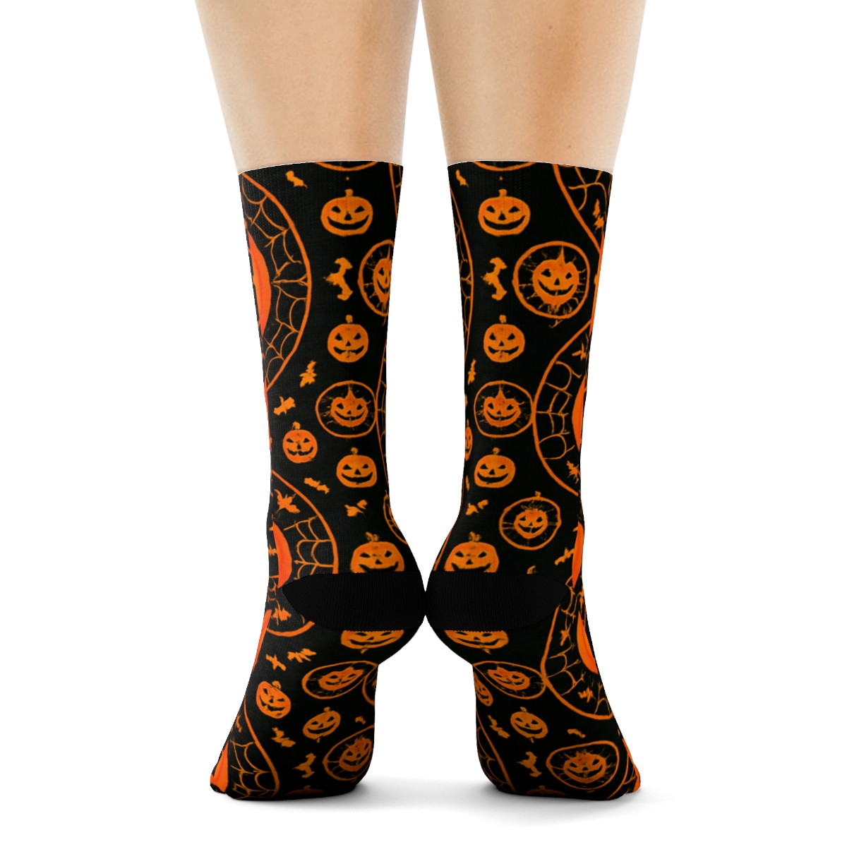 Orange Jack O Lantern Rosette Tiles On Black Background premium sports crew socks