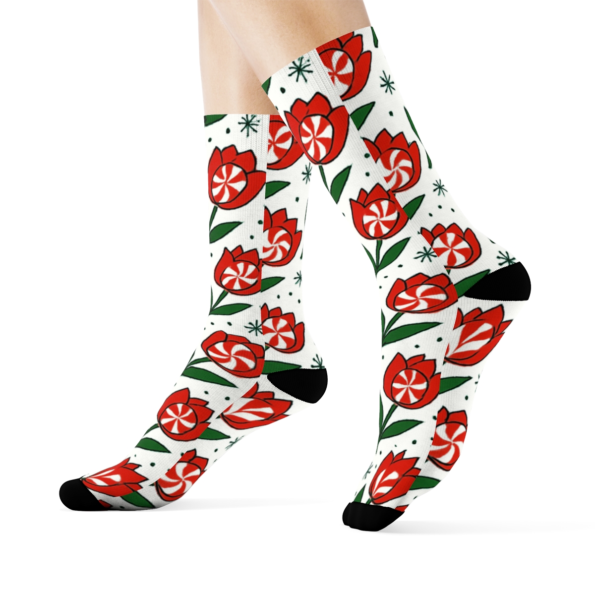 Candy Cane Tulip Stripe Scatter On White Background unique graphic crew socks