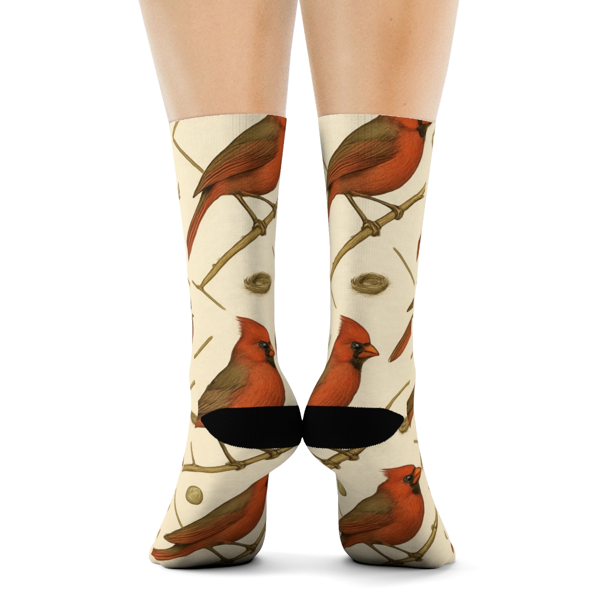 Vintage Cardinal Perch Lattice On Warm Cream designer printed crew socks