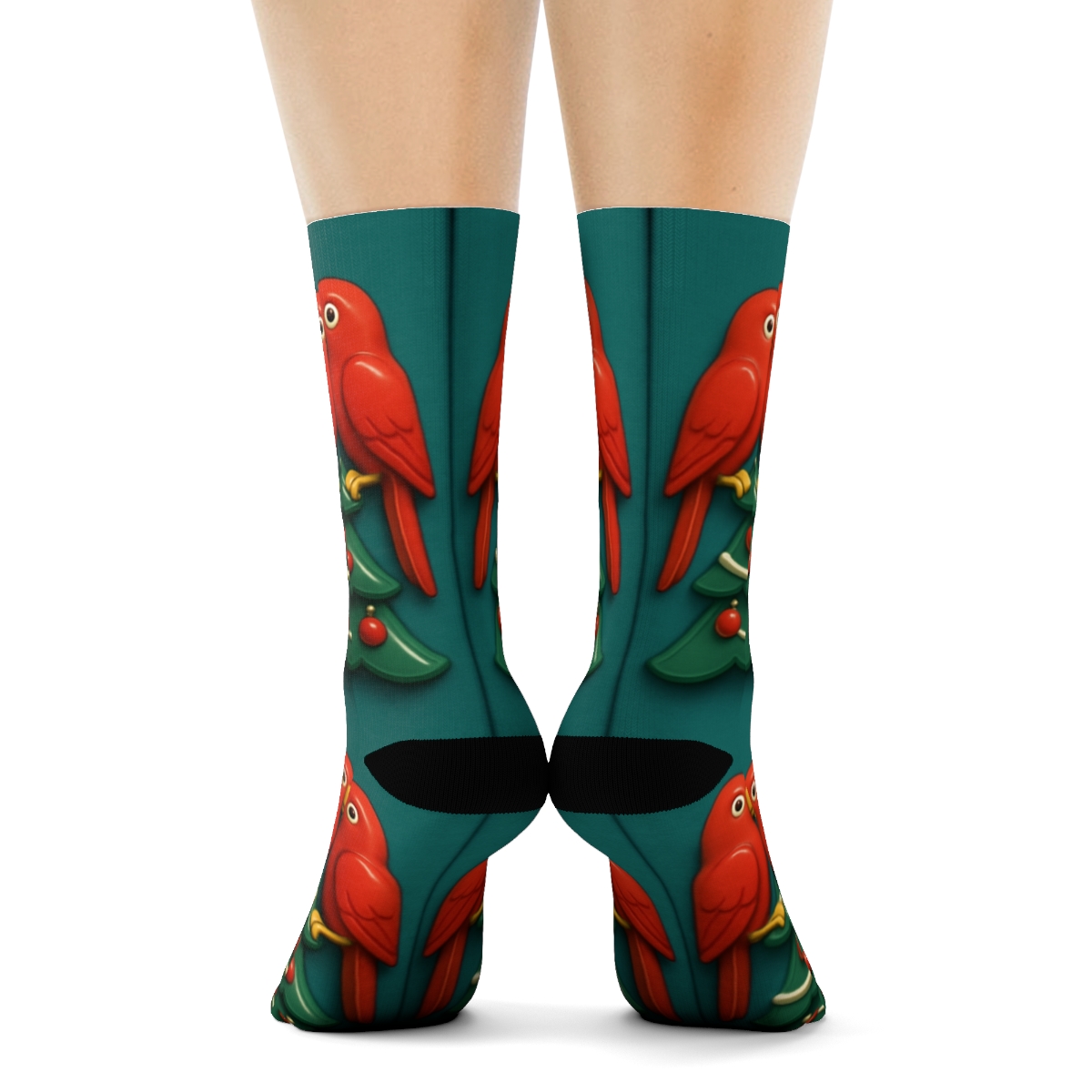 Christmas Tree Parrot Mirror Pair Panels On Teal Background personalized crew socks