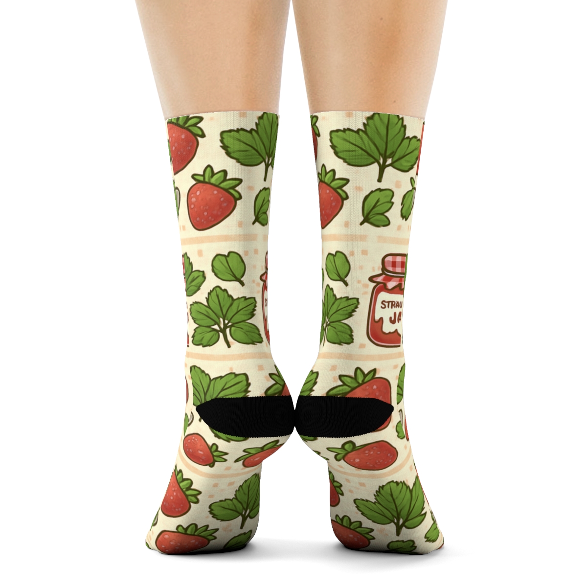Strawberry Jam Jar Ribbon Parade On Cream Gingham Background designer printed crew socks
