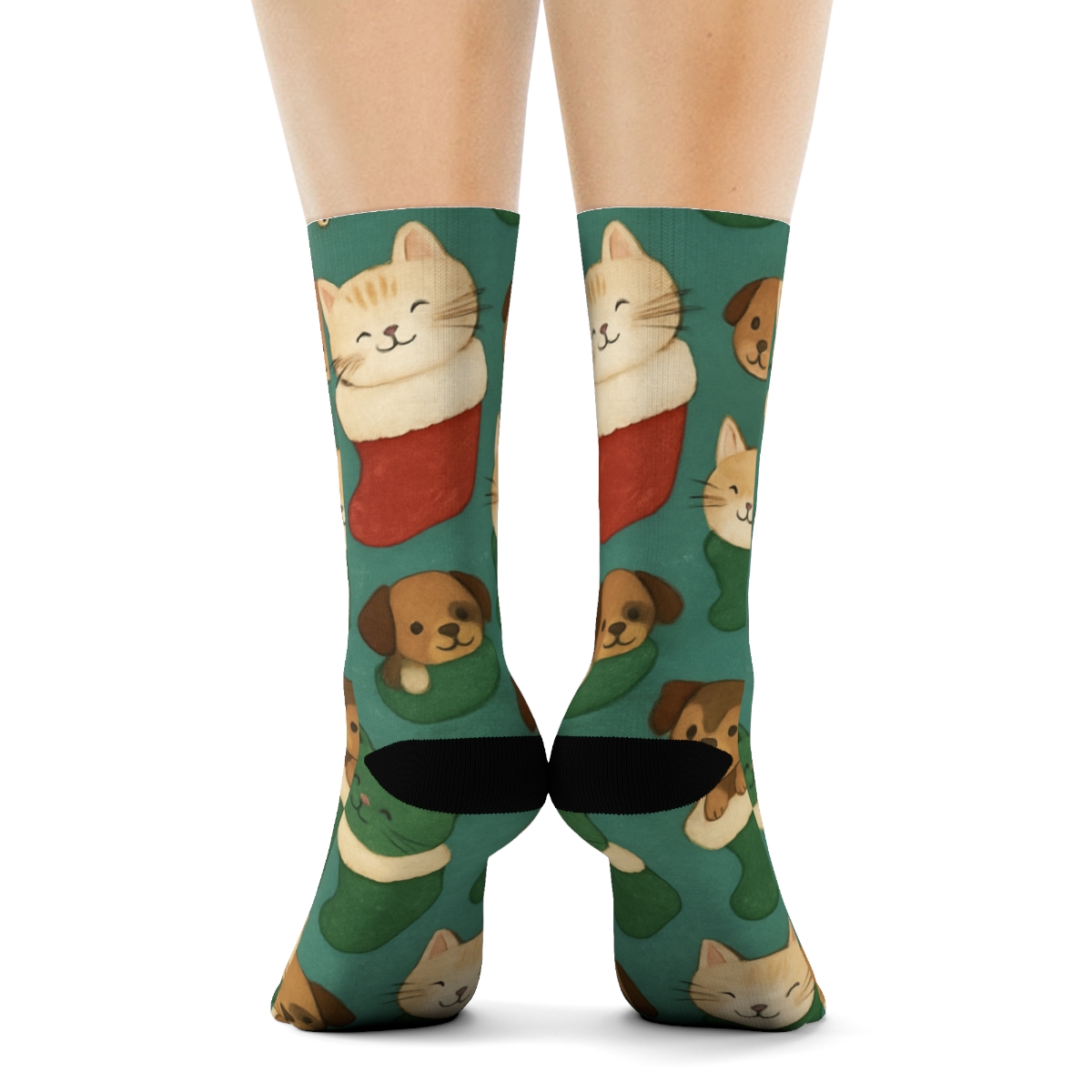 Holiday Pets In Stockings Scatter With Rhythm designer printed crew socks