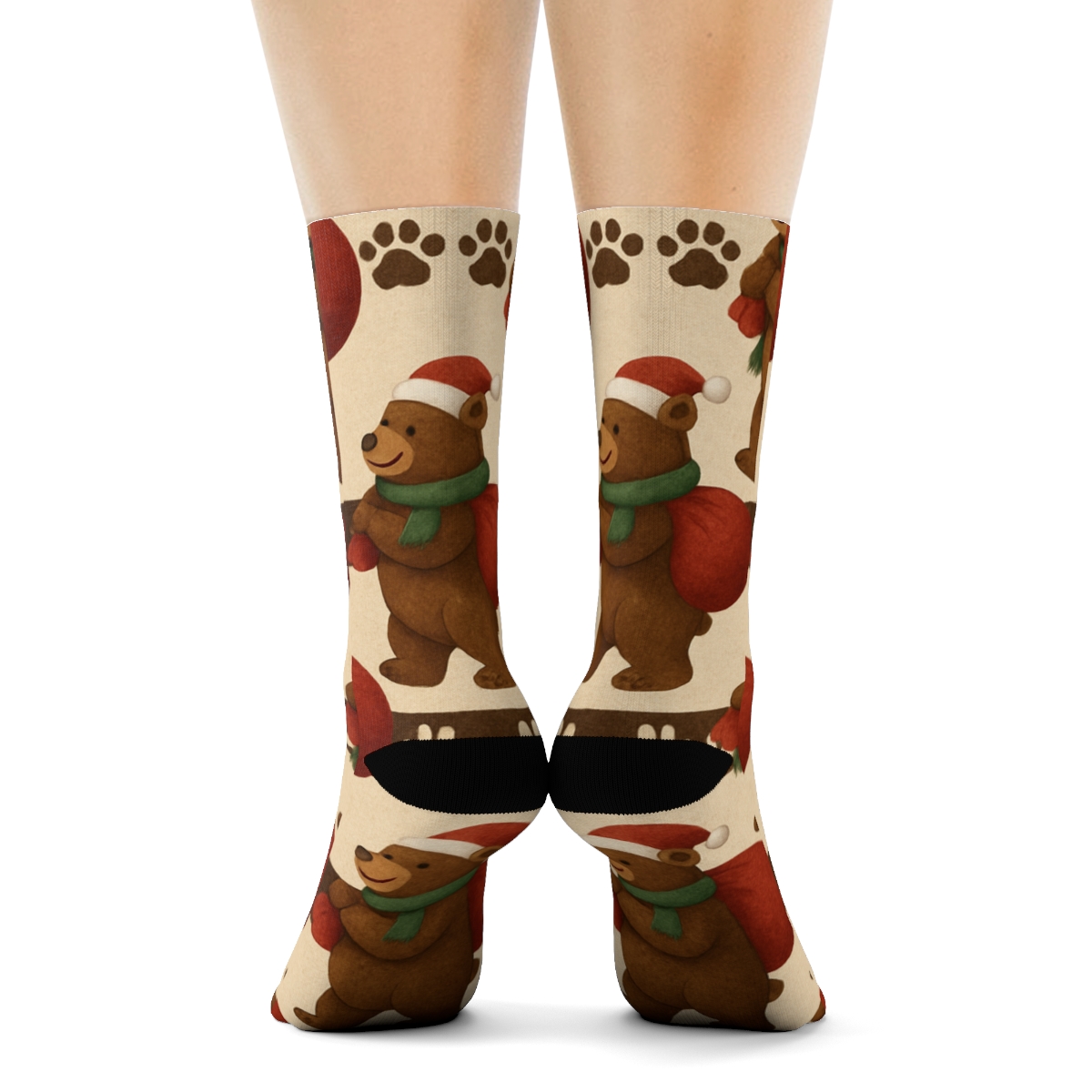 Bear Santa Sack Paw Print Bands On Beige Background stylish athletic crew socks