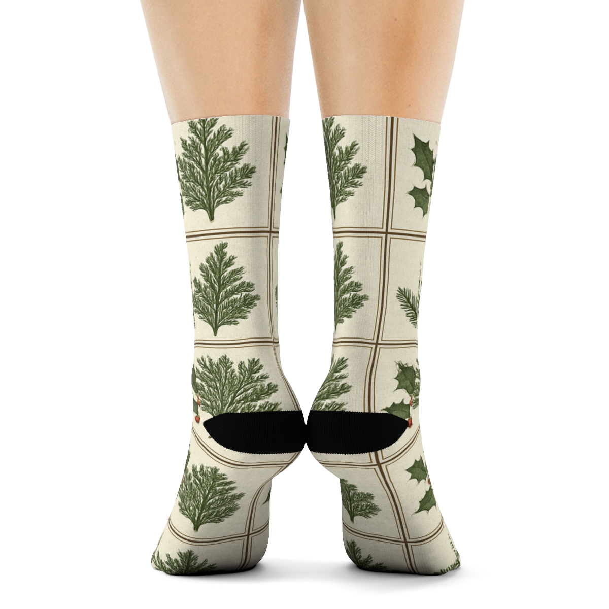 Botanical Grid With Evergreen Branches Sprig Medallions stylish athletic crew socks