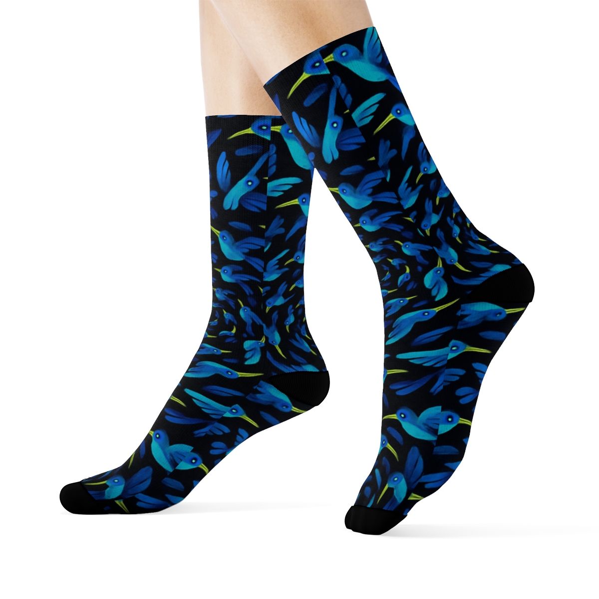 Cerulean Hummingbird Spiral Flight On Midnight Field personalized crew socks