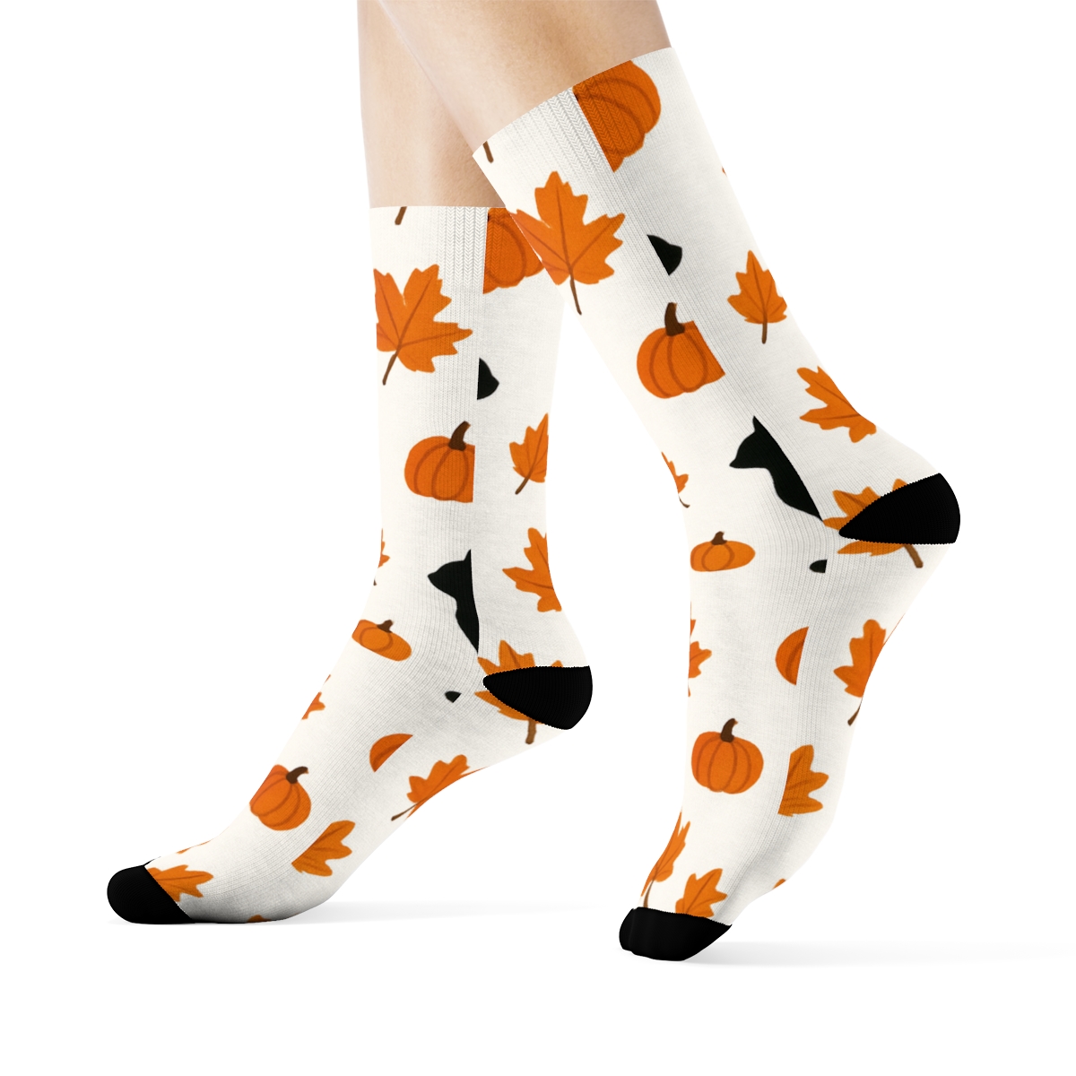Autumn Leaf And Cat Silhouette Scatter On White Background soft everyday crew socks