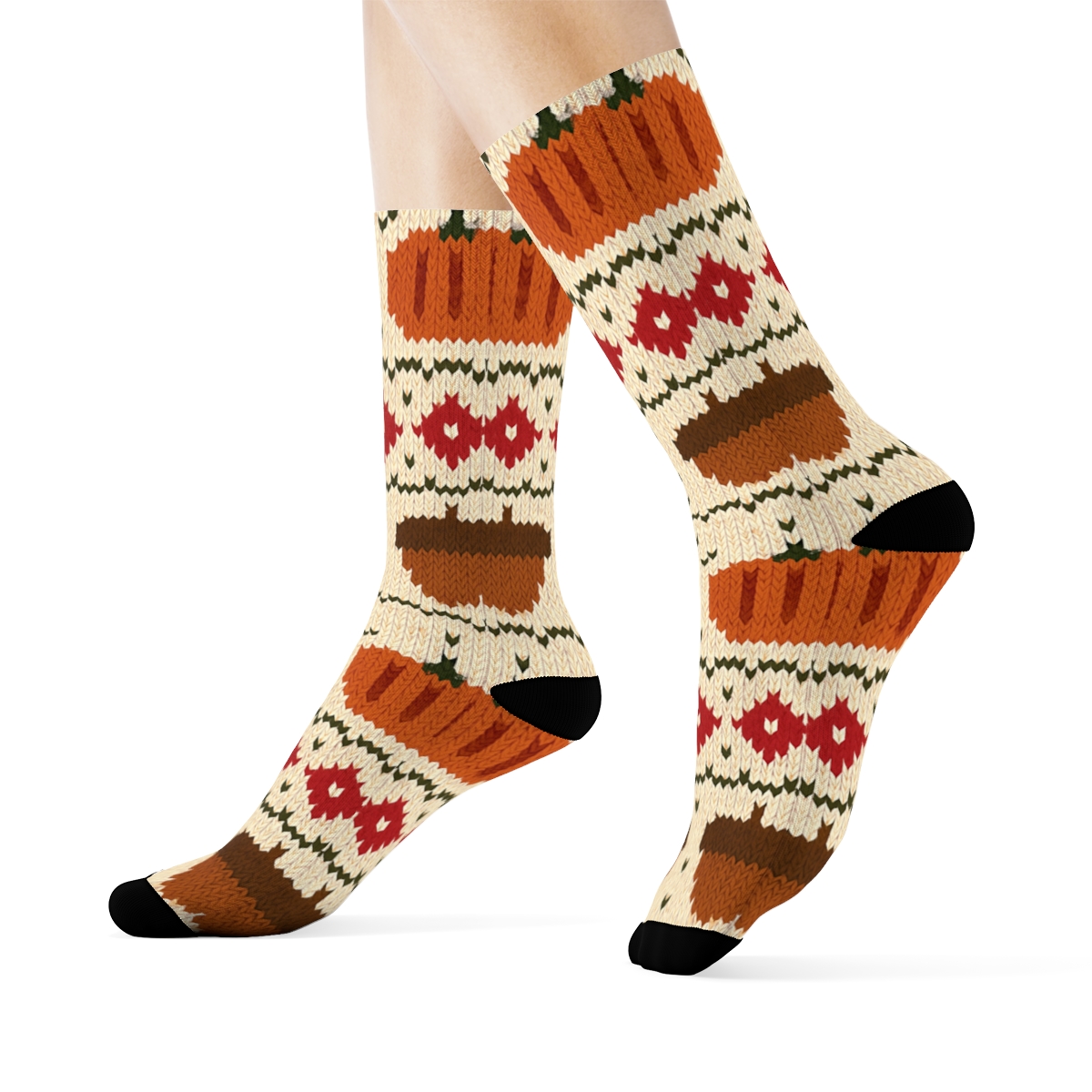 Knitted Pumpkin Acorn Fair Isle On Creamy Beige Background comfortable cotton crew socks