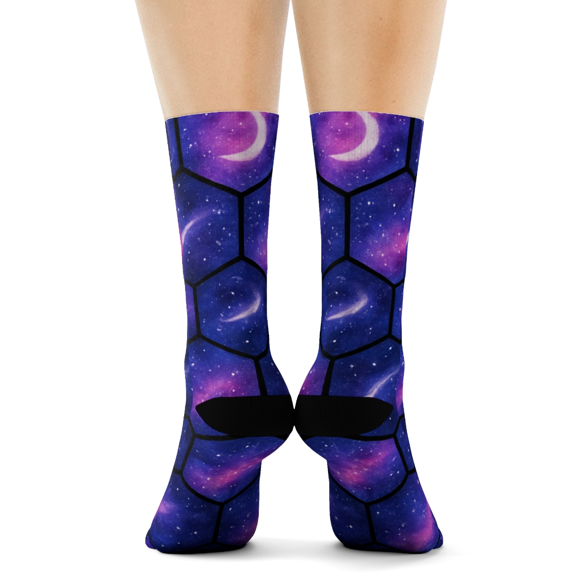 Cosmic Purple Nebula Hex Tessellation On Black Background designer printed crew socks