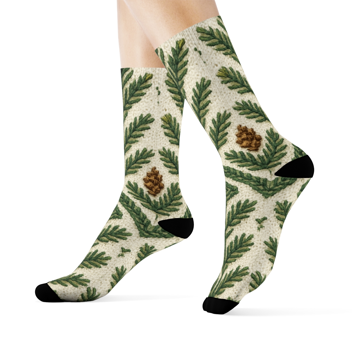 Nordic Cable Knit Evergreen Branches trendy patterned crew socks