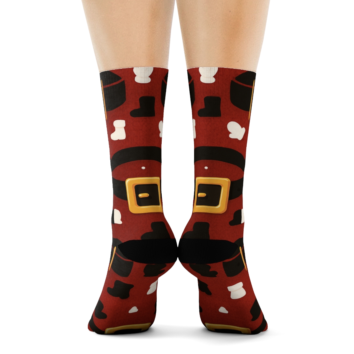 Belt And Buckle Borders In Santa Festive Repeat trendy patterned crew socks