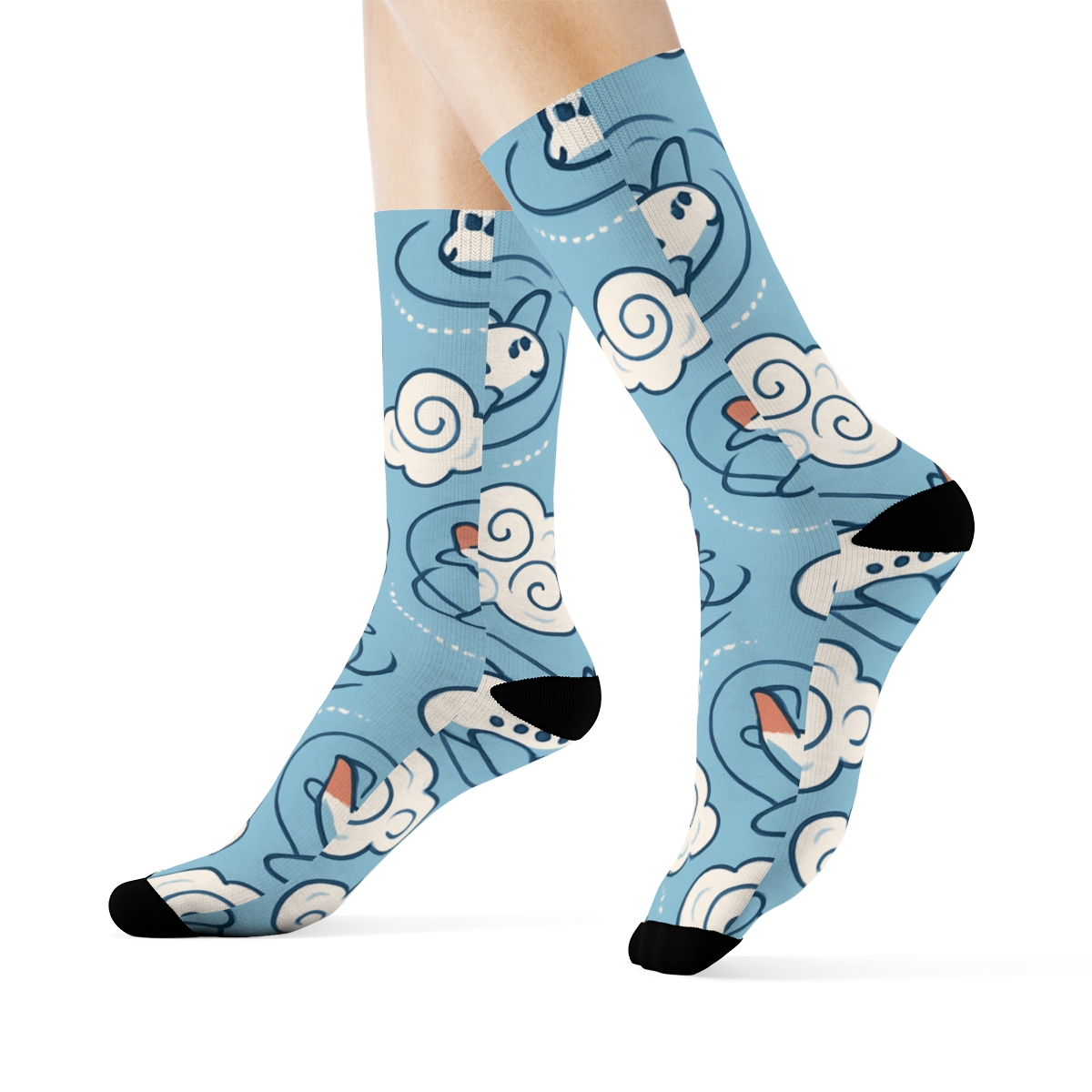 Cloud Swirl Scatter With Airplane In Mid Flight designer printed crew socks