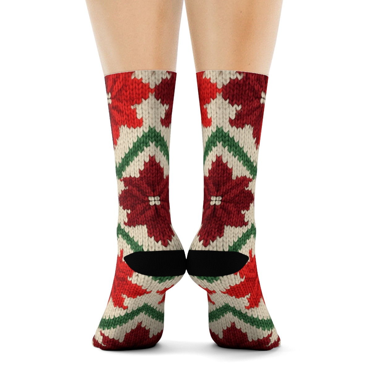 Knitted Star Bract Chevron Bands On Ivory Winter Ground designer printed crew socks