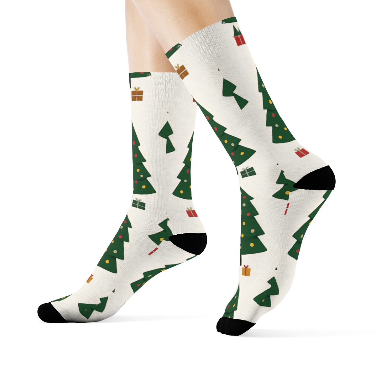 Miniature Tree Repeat On Winter White Background Christmas Tree trendy patterned crew socks