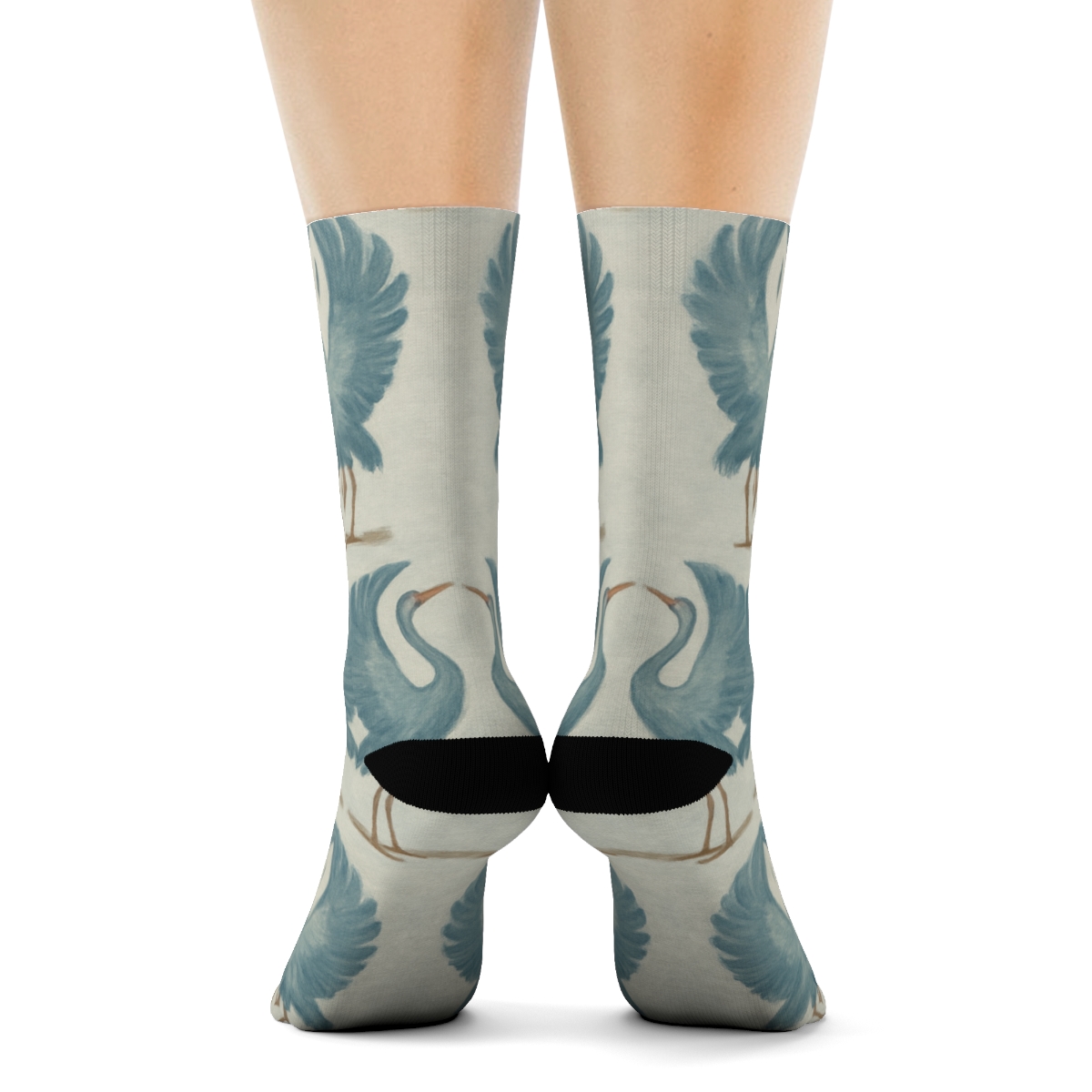 Crane Courtship Mirror Dance On Light Gray Background designer printed crew socks