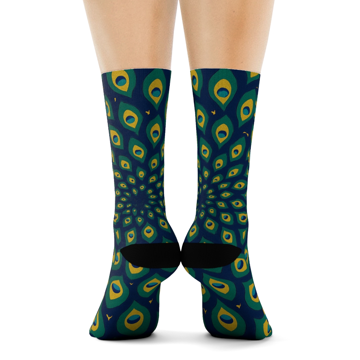 Peacock Eye Feather Spiral Array On Indigo trendy patterned crew socks