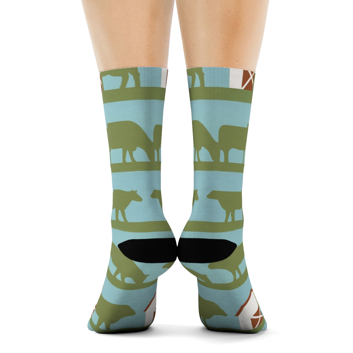 Barn Silhouette Grid With Rancher Sky Stripe Bands designer printed crew socks