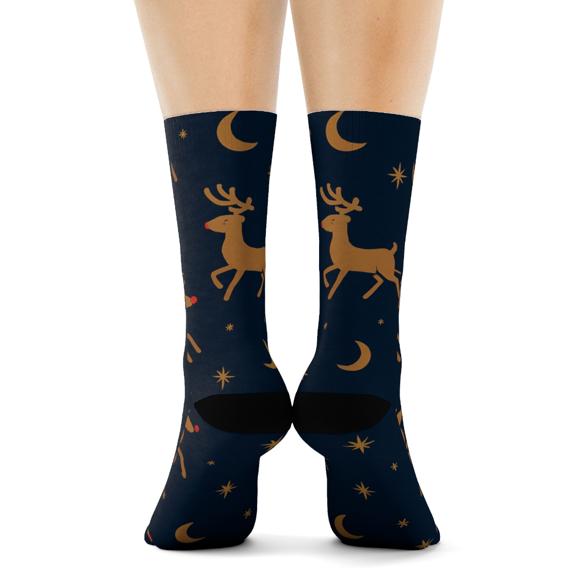 Midnight Blue Grid With Rudolph Sleigh Lead unique graphic crew socksMidnight Blue Grid with Rudolph Sleigh Lead Crew Socks - Image 4