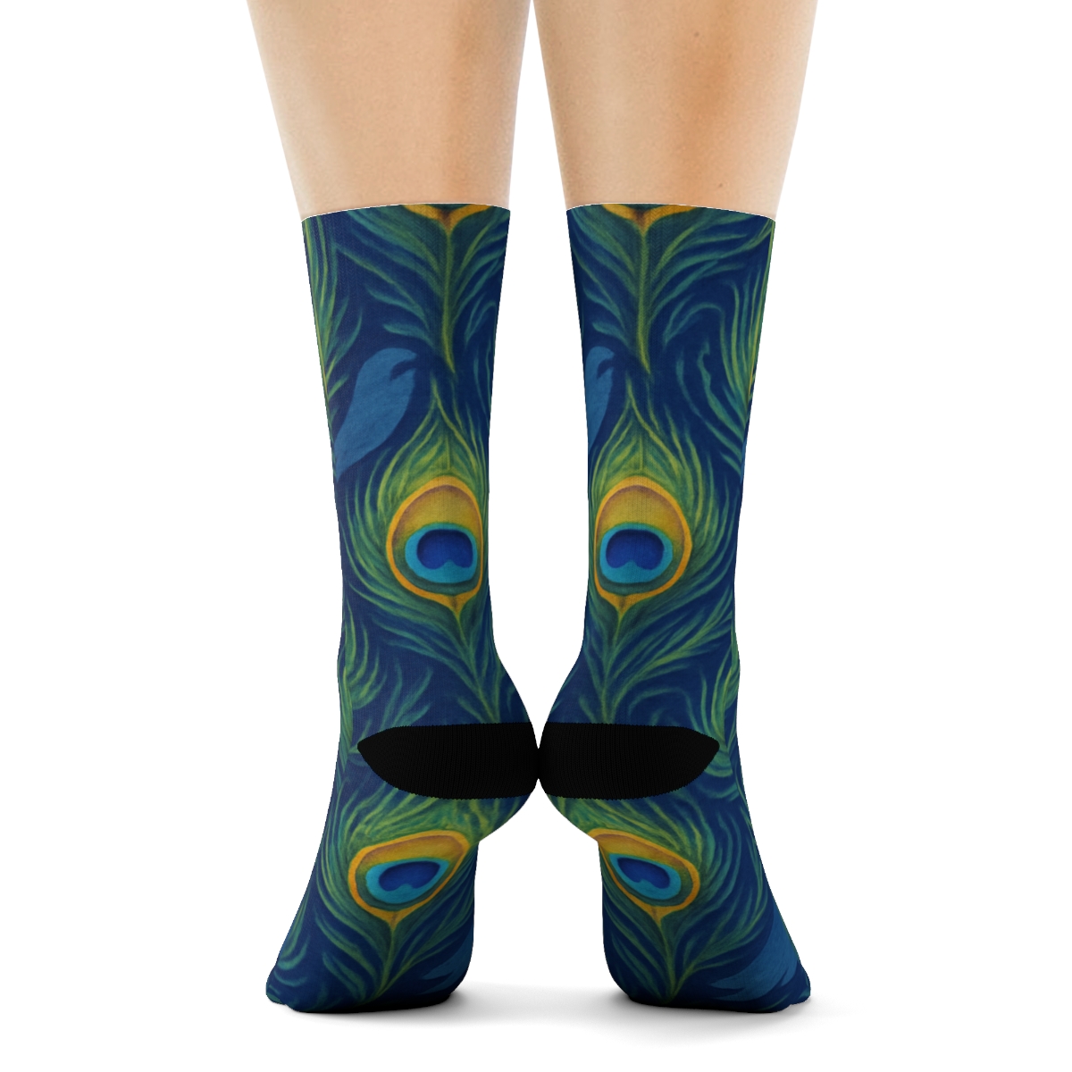 Peacock Tail Eye Tessellation On Indigo Background unique graphic crew socksPeacock Tail Eye Tessellation on Indigo Background Crew Socks - Image 4