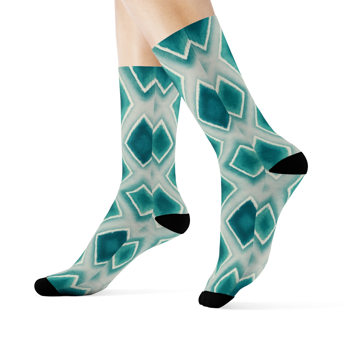 Teal Seafoam Shibori Diamond Lattice On Warm Gray Background personalized crew socks