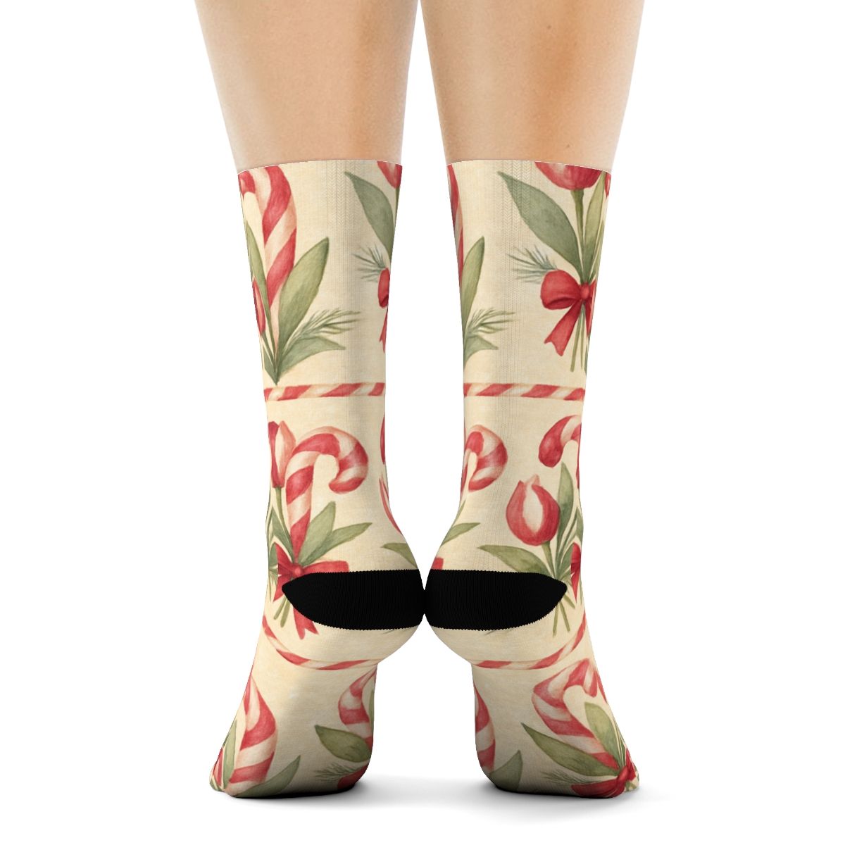Watercolor Candy Cane Tulip Garland Stripe On Warm Ivory Background custom crew socks