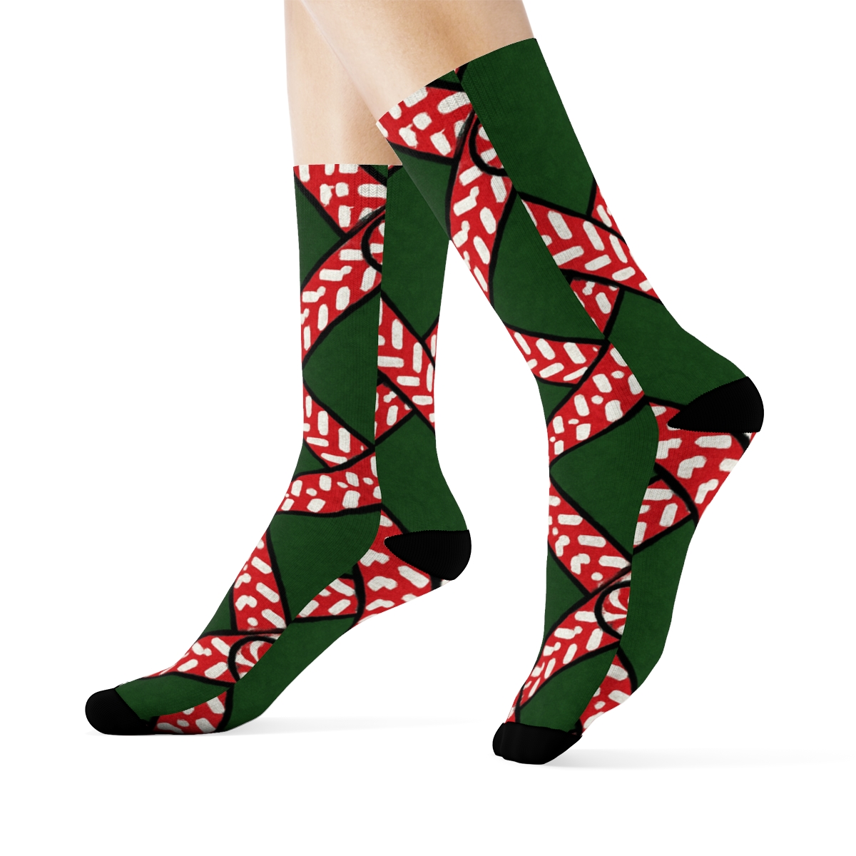 Crisscross Plaid Of Candy Canes Threads designer printed crew socks