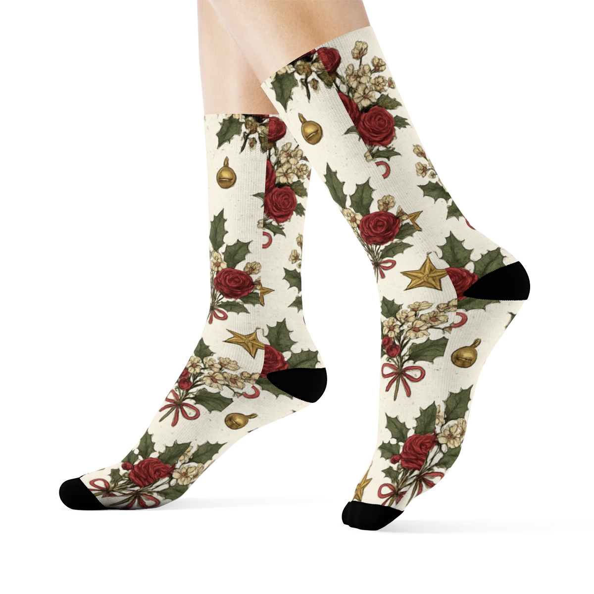 Golden Starberry Roses Scatter On Snow White Background personalized crew socks