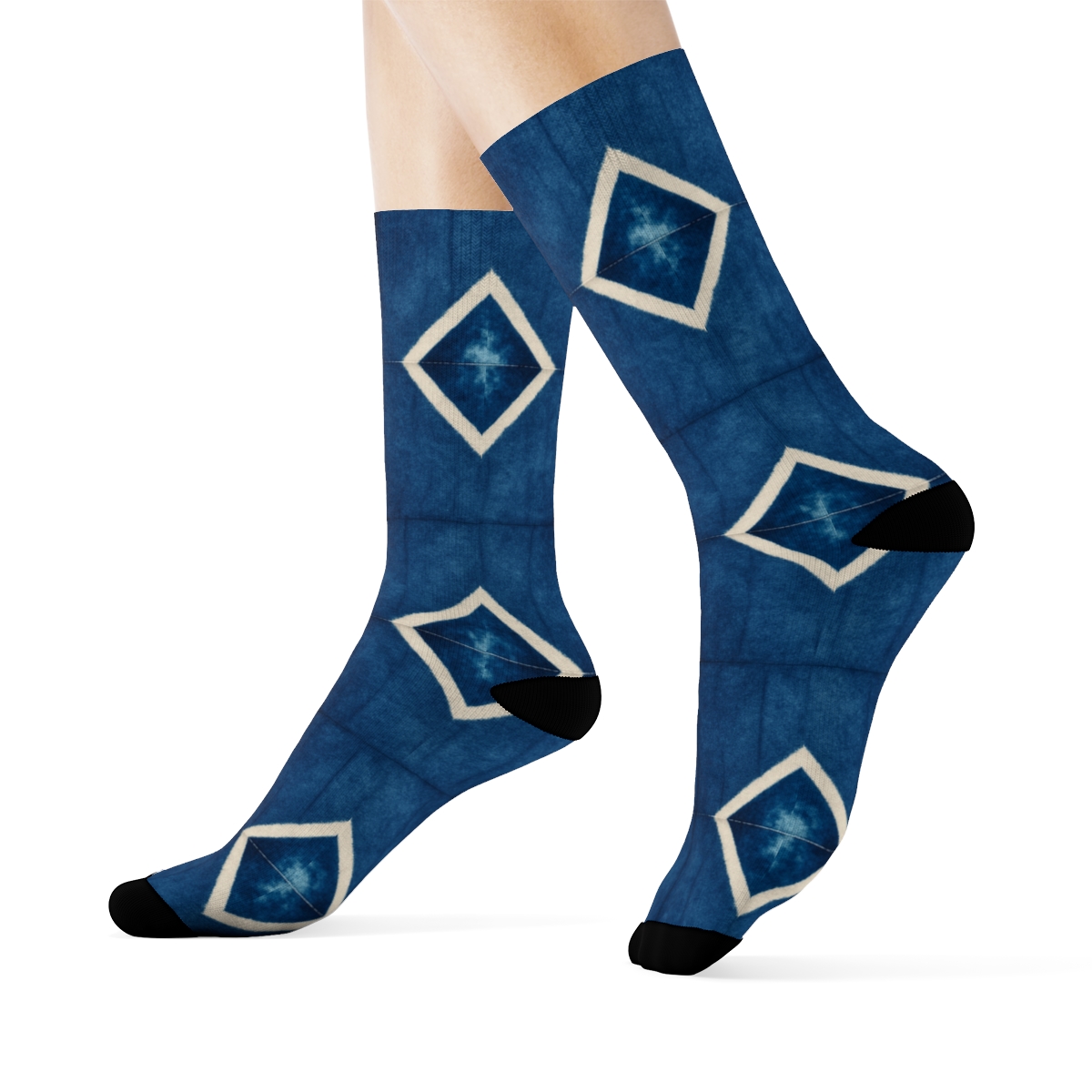 Shibori Diamond Array On Indigo Ground trendy patterned crew socks