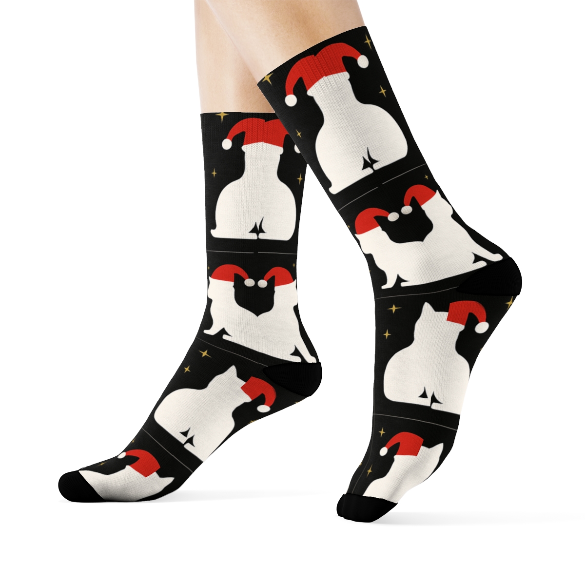 Santa Hat Cat Mirrored Pair Tiles On Black Background unique graphic crew socks