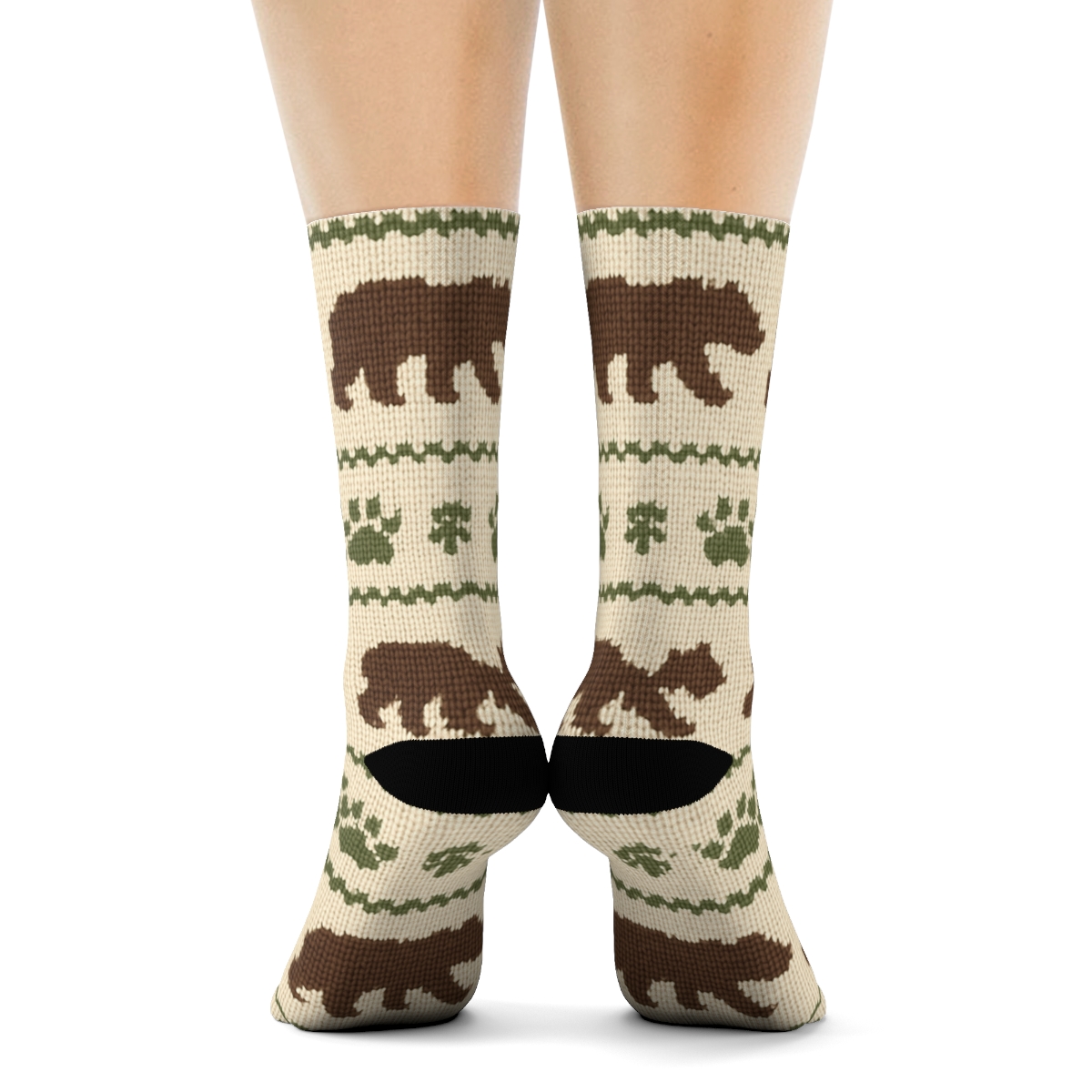 Knitted Bear Cub Parade Bands On Ivory designer printed crew socks