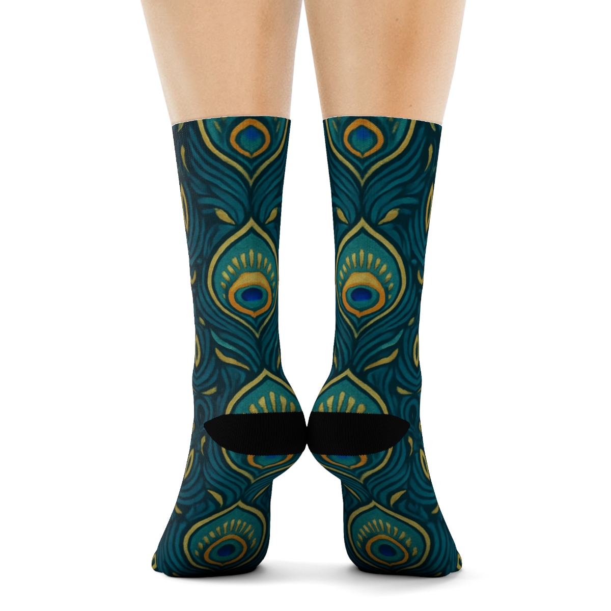 Peacock Feather Tessellation On Teal Background soft everyday crew socks