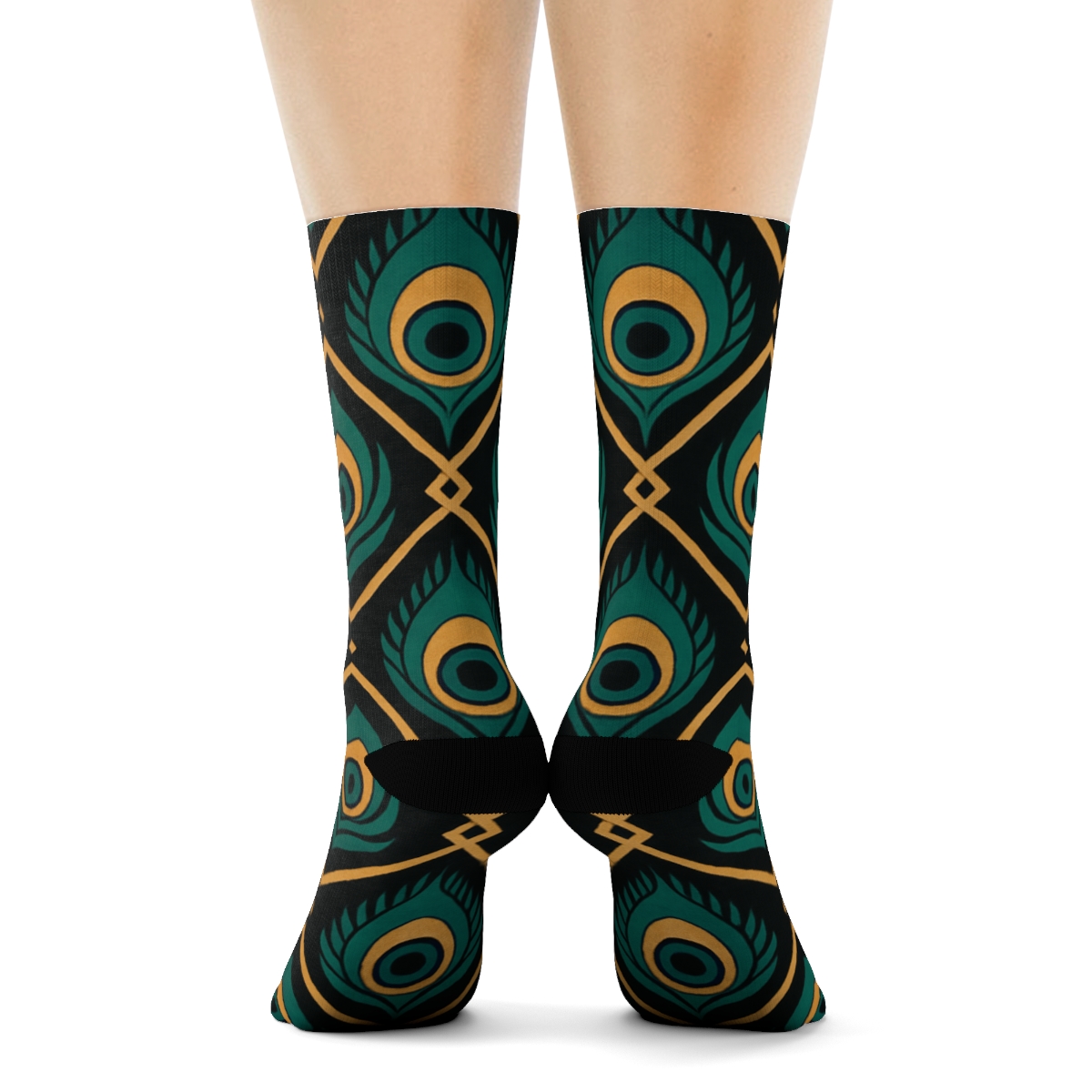 Peacock Eye Feather Lattice On Midnight Black personalized crew socks