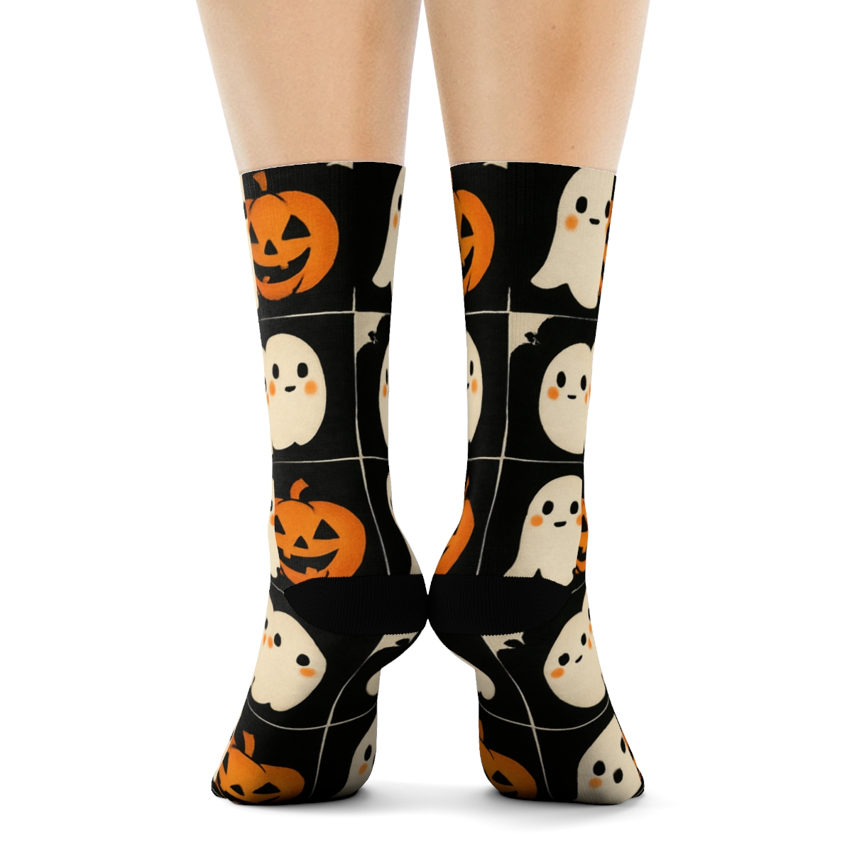Orange Pumpkin And Ghost Alternating Checker On Black Background custom crew socks