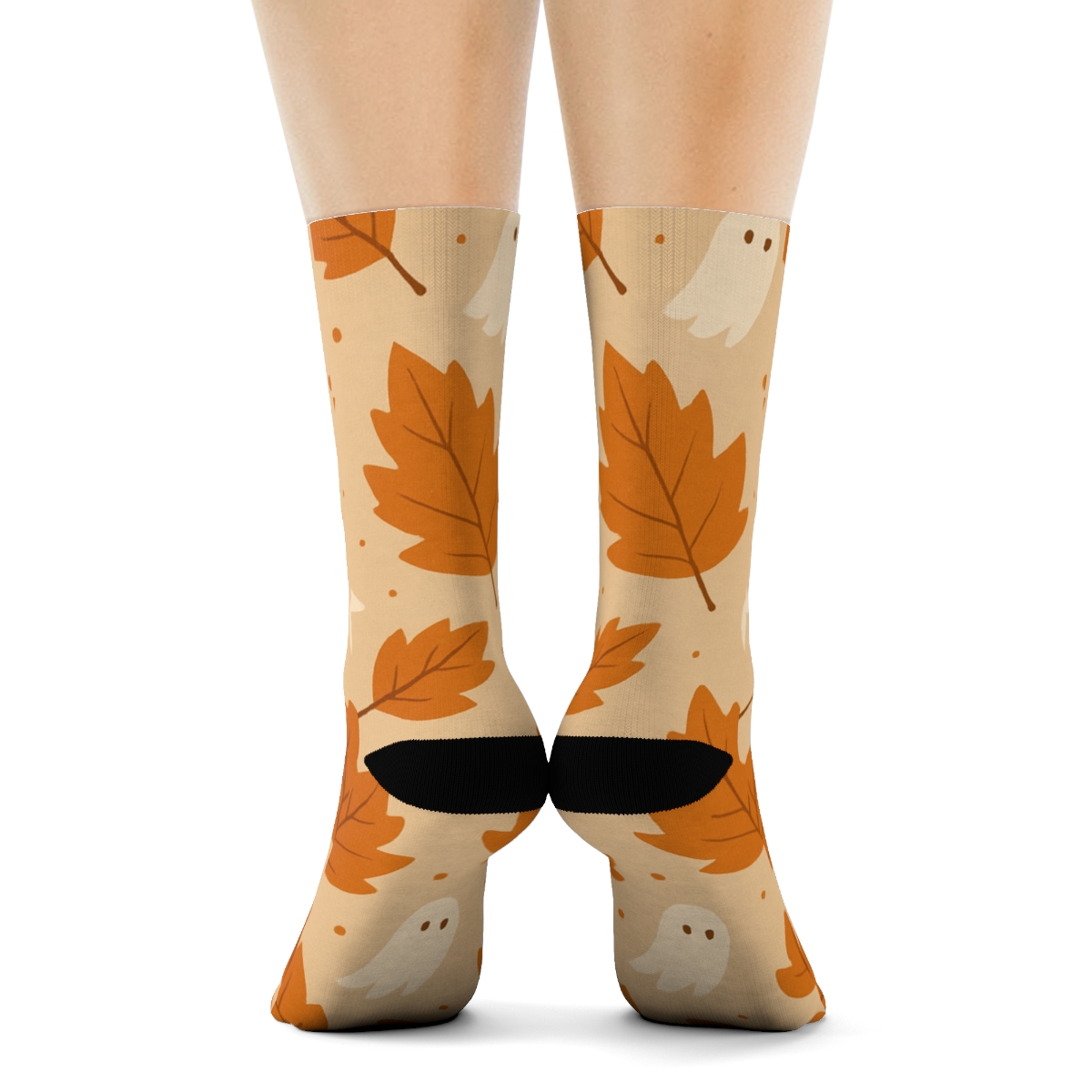 Orange Autumn Leaf And Ghost Scatter On Proper Neutral Background unique graphic crew socks