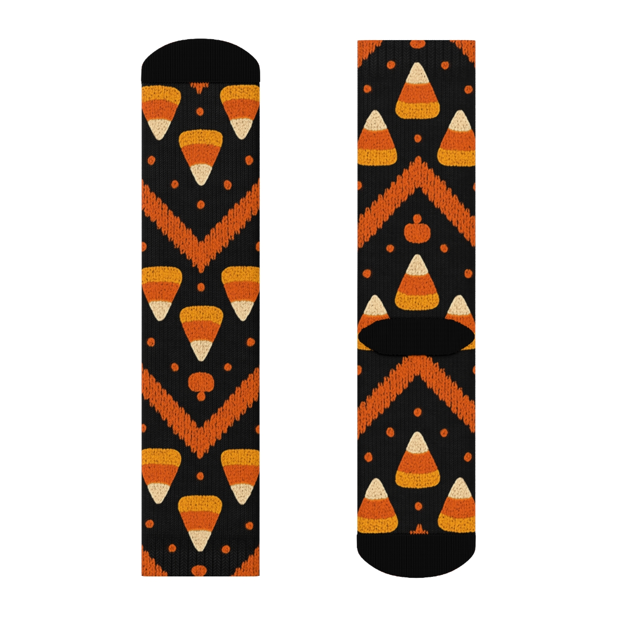 Orange Candy Corn Stack Chevron On Black Background designer printed crew socks
