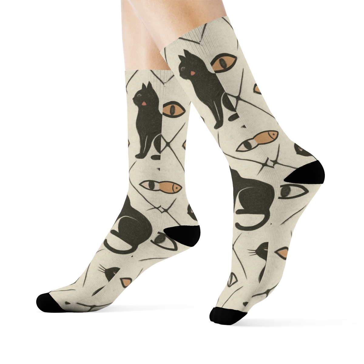 Vintage Poster Look With Cat Silhouette Lattice In Charcoal personalized crew socks