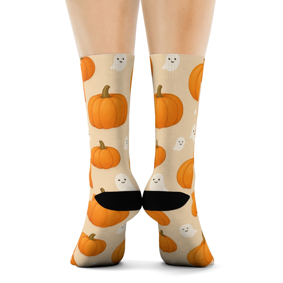 Orange Pumpkin Patch Scatter With Ghost Dots On Proper Background trendy patterned crew socks