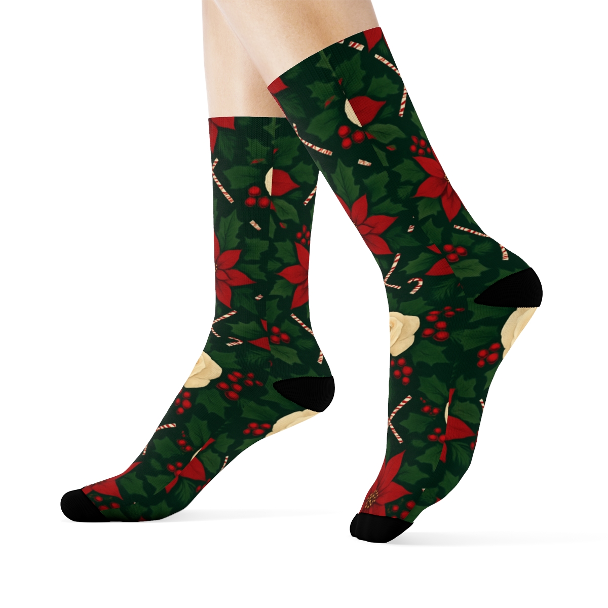 Crimson Poinsettia And Holly Diamond Lattice On Pine Green Background custom crew socks
