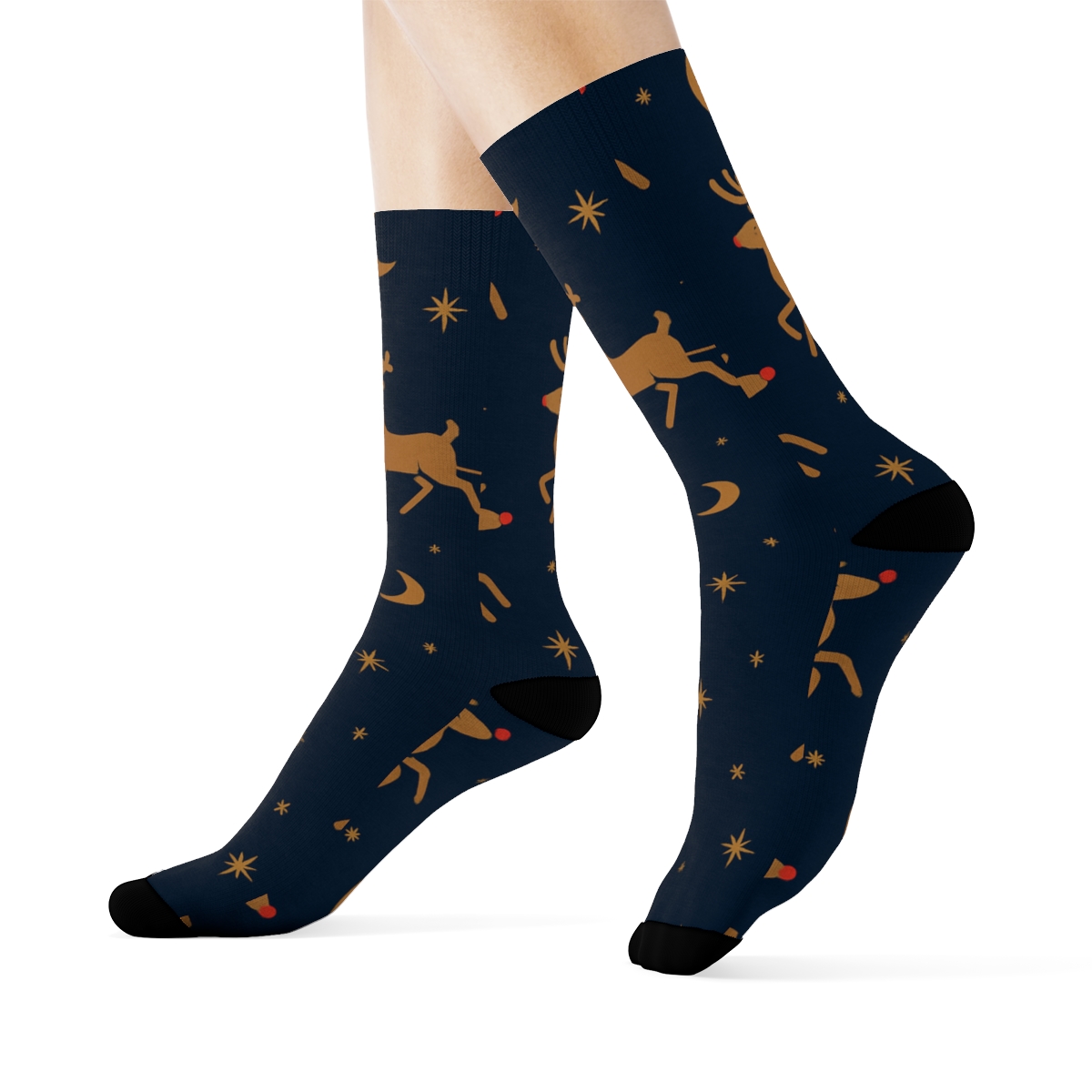 Midnight Blue Grid With Rudolph Sleigh Lead unique graphic crew socksMidnight Blue Grid with Rudolph Sleigh Lead Crew Socks - Image 3